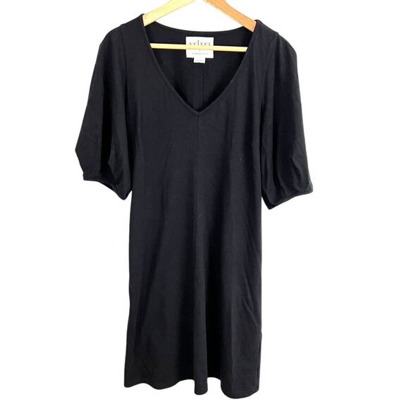 Velvet Graham & Spencer Anthropologie Puff Sleeve V Neck Black Dress Size Medium - Picture 2 of 8